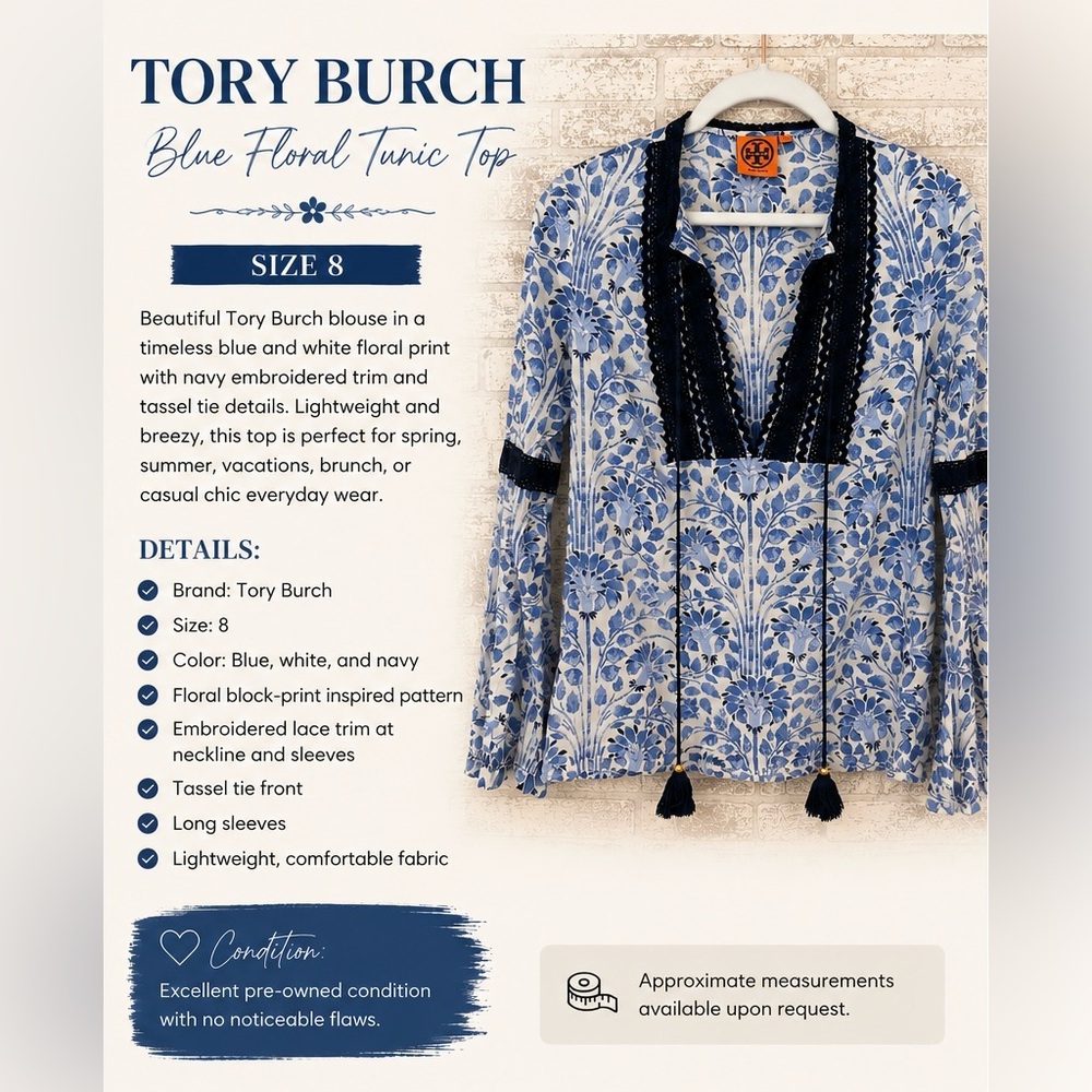 Tory Burch Blue & White Floral Tunic with Navy Trim